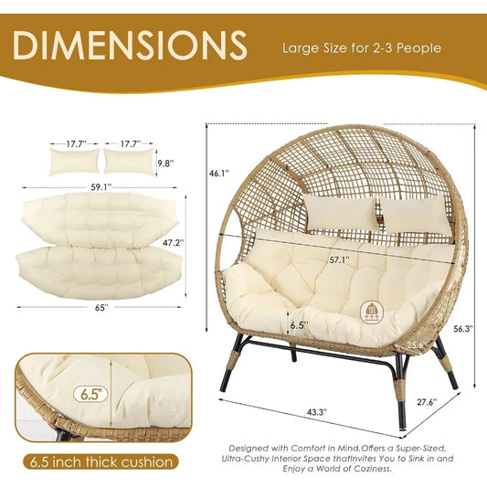 Double Egg Chair, Beige, Thicken Padded Cushions, Patio