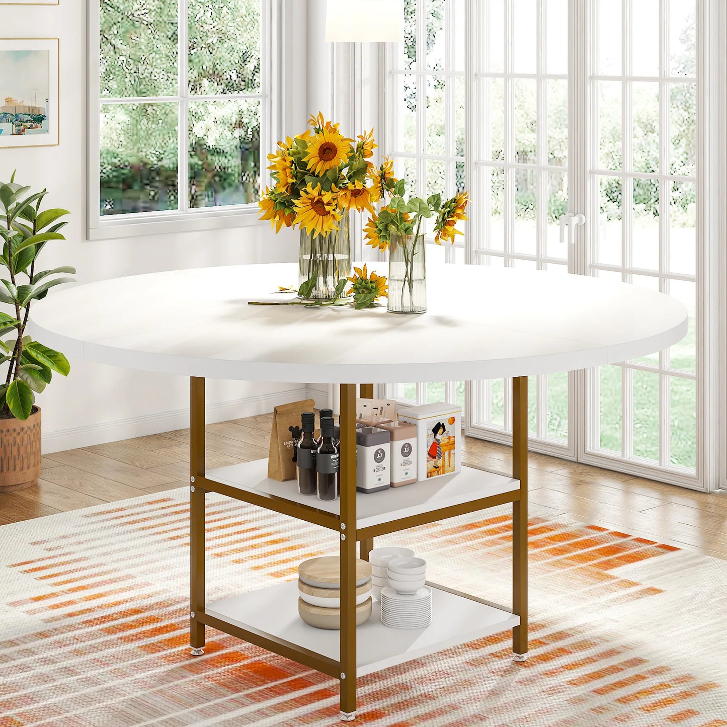 47" Round Dining Table for 4, Wood, Large with Storage Shelf