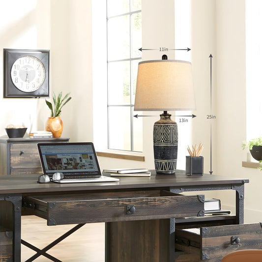 2 Pack 25-Inch Carved Geometric Ceramic Table Lamps/Linen Shade