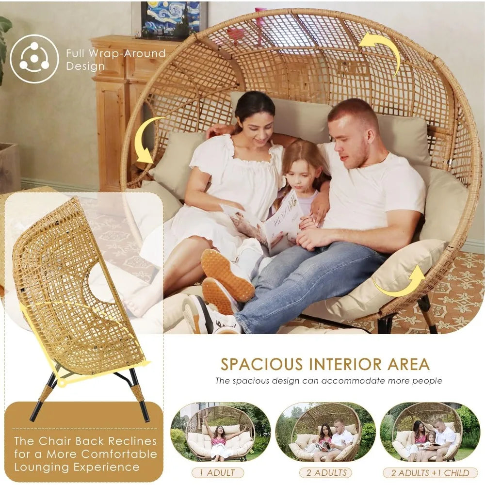 Double Egg Chair, Beige, Thicken Padded Cushions, Patio
