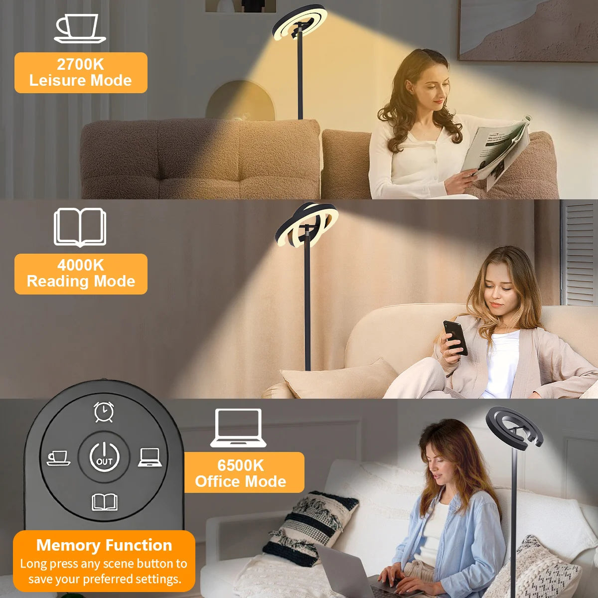 LED Floor Lamp, 2 Rotatable Lights, Remote/Touch Control