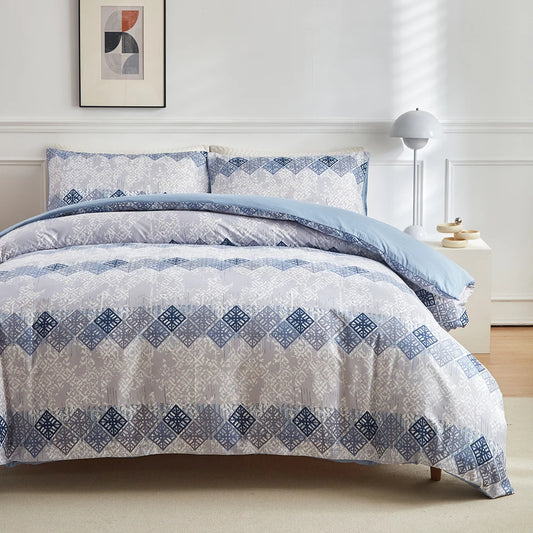 3 Piece Bedding Set, Bohemian Aztec, Blue White Cream, Super Soft