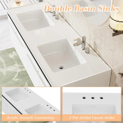 60" LED Floating Double Vanity cabinets with Sink, Wall Mounted