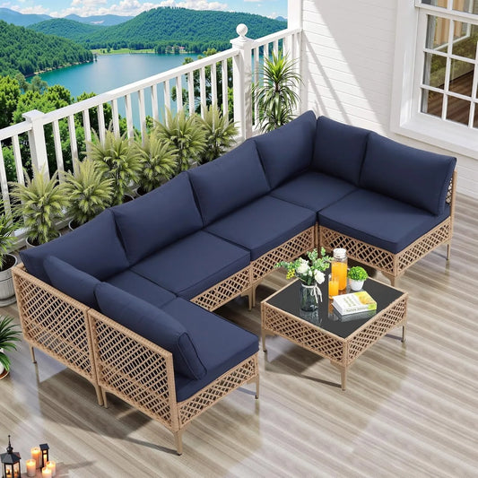 7 Piece Outdoor Wicker Patio Set, Sofa/Couch & Coffee Table