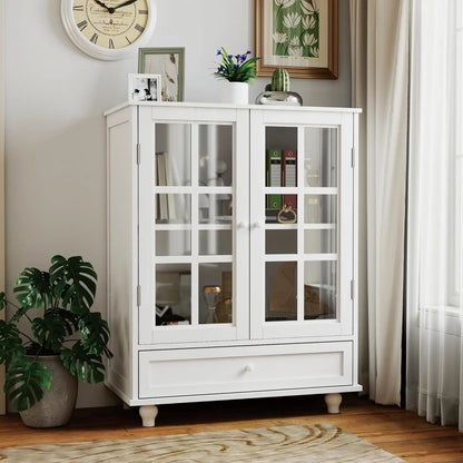 28 inches Cabinet with Glass Doors, Drawer, Modern Wood Storage