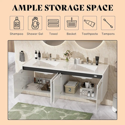 60" LED Floating Double Vanity cabinets with Sink, Wall Mounted