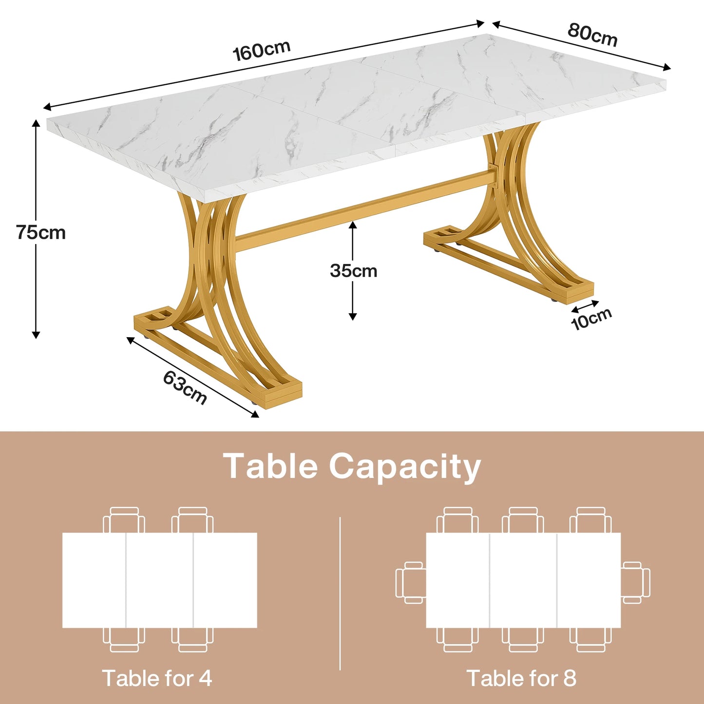 63-Inch Rectangular Dining Table for 4 to 6, Modern Faux Marble Top