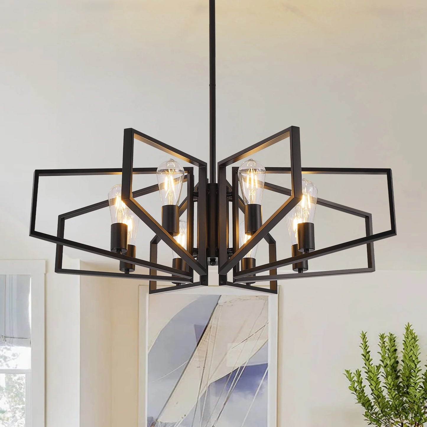 Modern 8-Light Chandelier Adjustable Height Metal/Black Frame