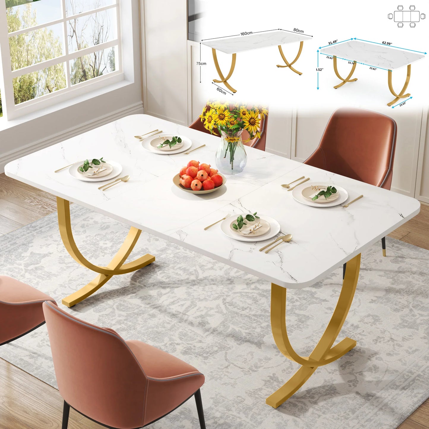63-Inch Rectangular Dining Table for 4 to 6, Modern Faux Marble Top