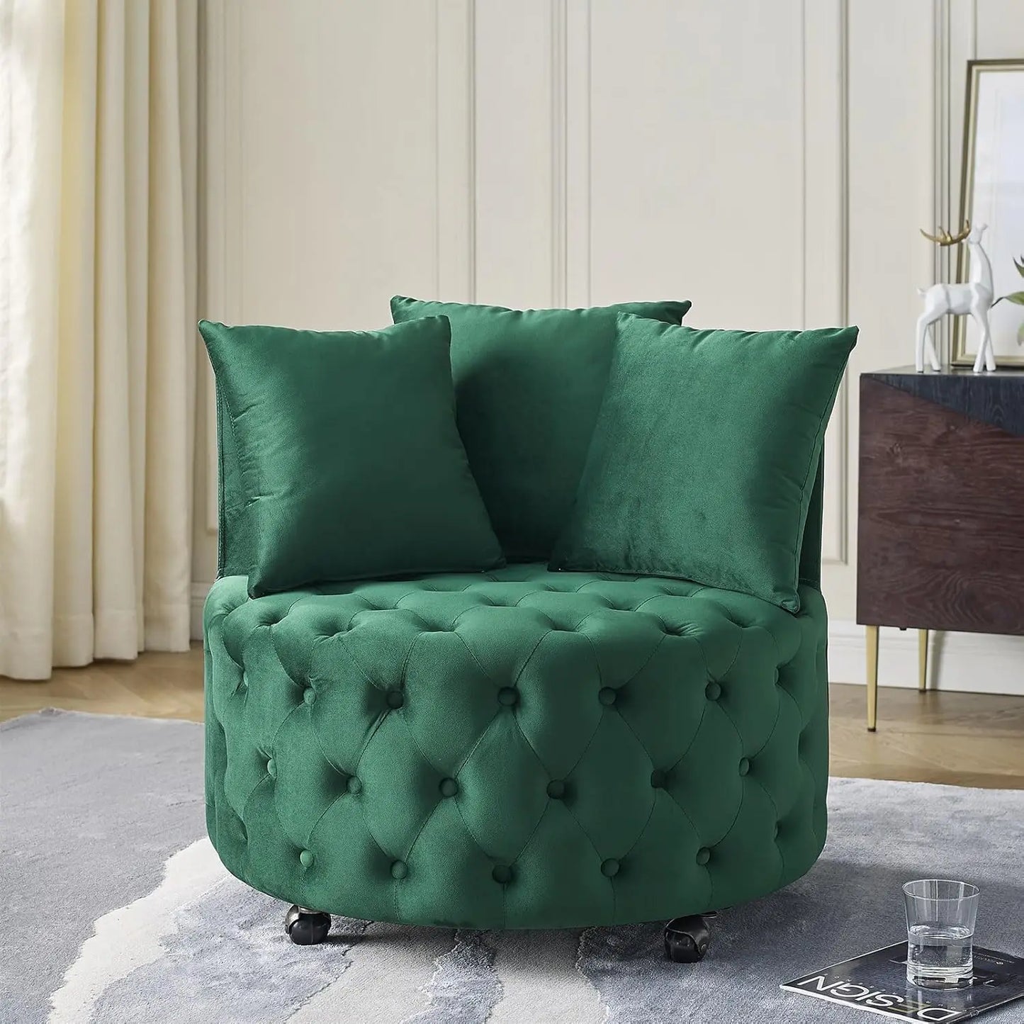 30” Swivel Barrel Chair,  Modern Velvet with 3 Pillows and Wheels