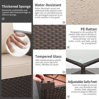 Outdoor Furniture 3 Pieces Patio Sofa Chairs/Glass Table