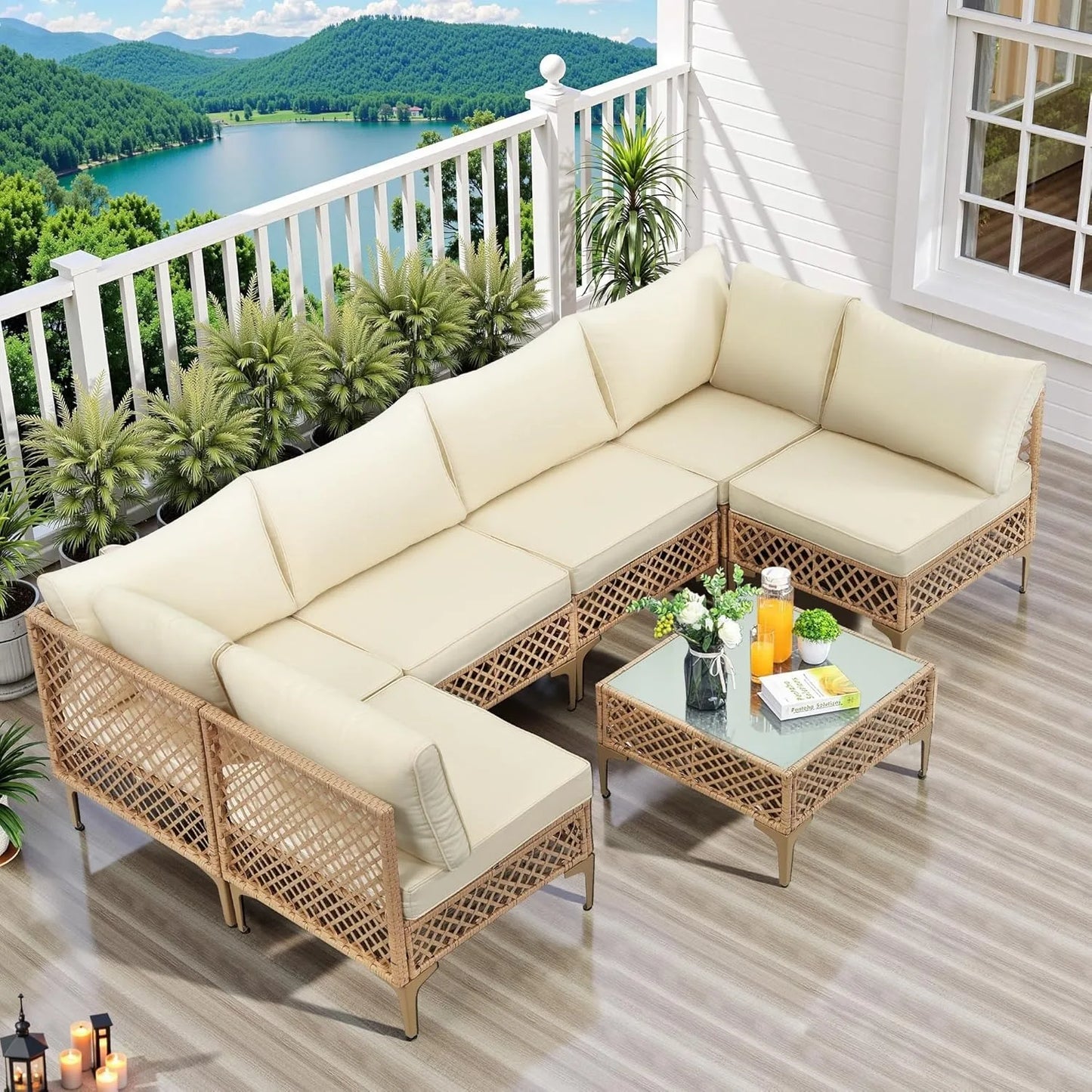 7 Piece Outdoor Wicker Patio Set, Sofa/Couch & Coffee Table