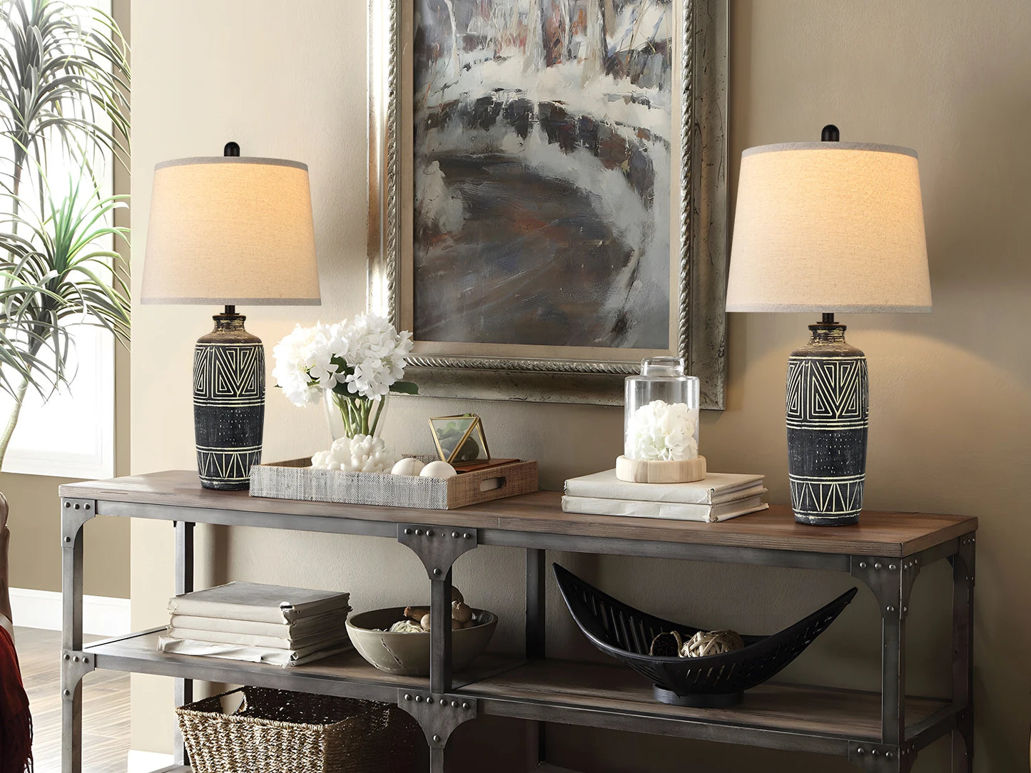 2 Pack 25-Inch Carved Geometric Ceramic Table Lamps/Linen Shade