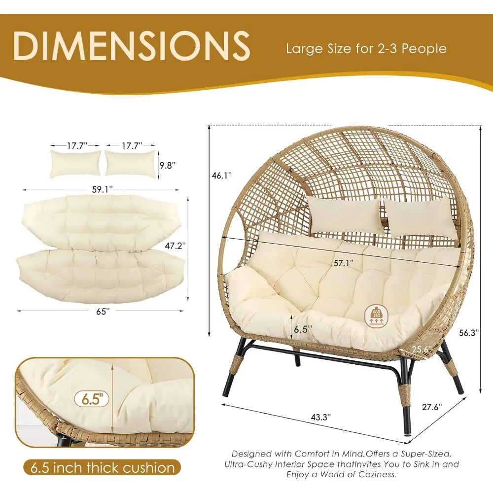Double Egg Chair,  Beige, Thicken Padded Cushions, Patio