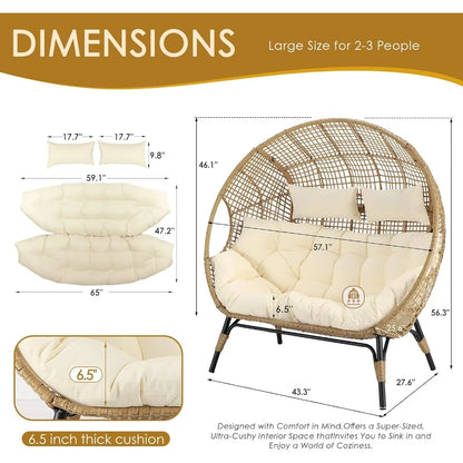 Double Egg Chair,  Beige, Thicken Padded Cushions, Patio