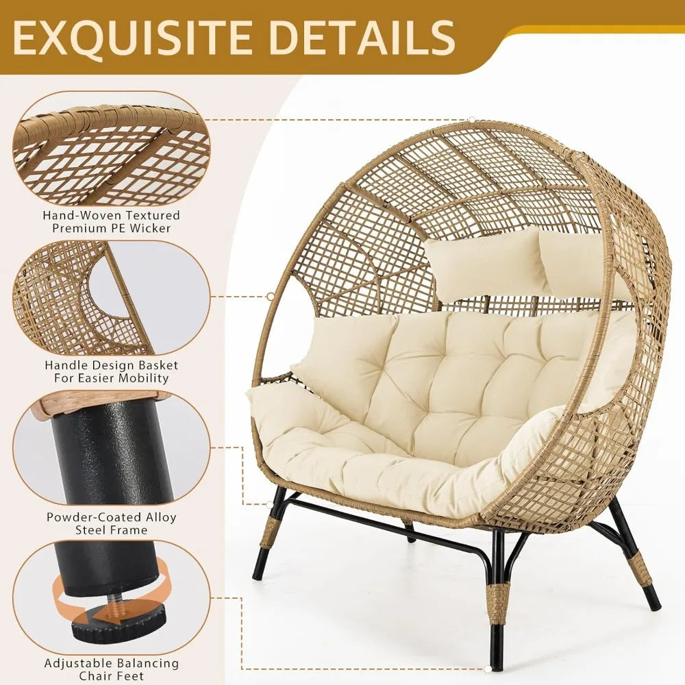 Double Egg Chair,  Beige, Thicken Padded Cushions, Patio