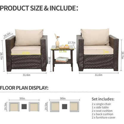 Outdoor Furniture 3 Pieces Patio Sofa Chairs/Glass Table