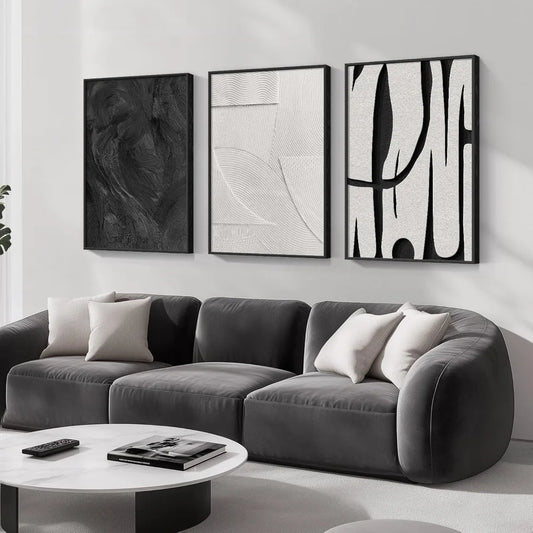 Large Framed Black and White Abstract Wall Art, 3 Piece Canvas