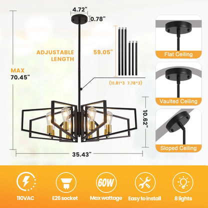 Modern 8-Light Chandelier Adjustable Height Metal/Black Frame