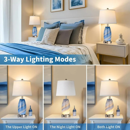 Blue Lamps Set Of 2,  3-Way Lighting Modes & USB port