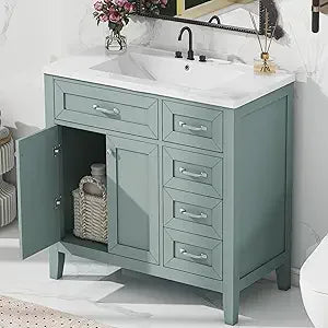 30 Inch Vanity Cabinet and Drawers with Sink, Solid Wood