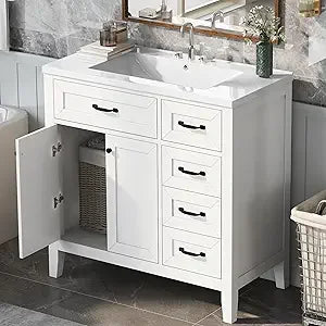 30 Inch Vanity Cabinet and Drawers with Sink, Solid Wood