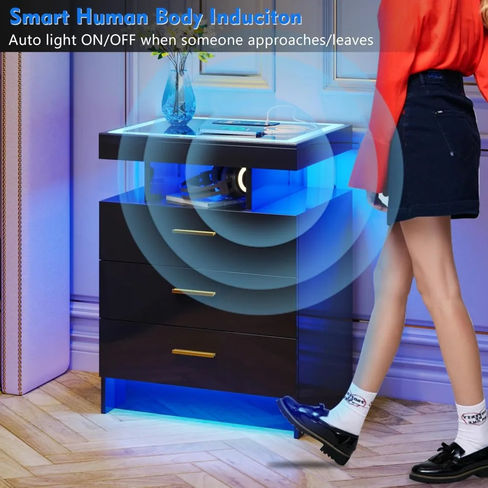 2 Set Nightstand, Wireless Charging Station, Auto Sensor, Dimmable LED