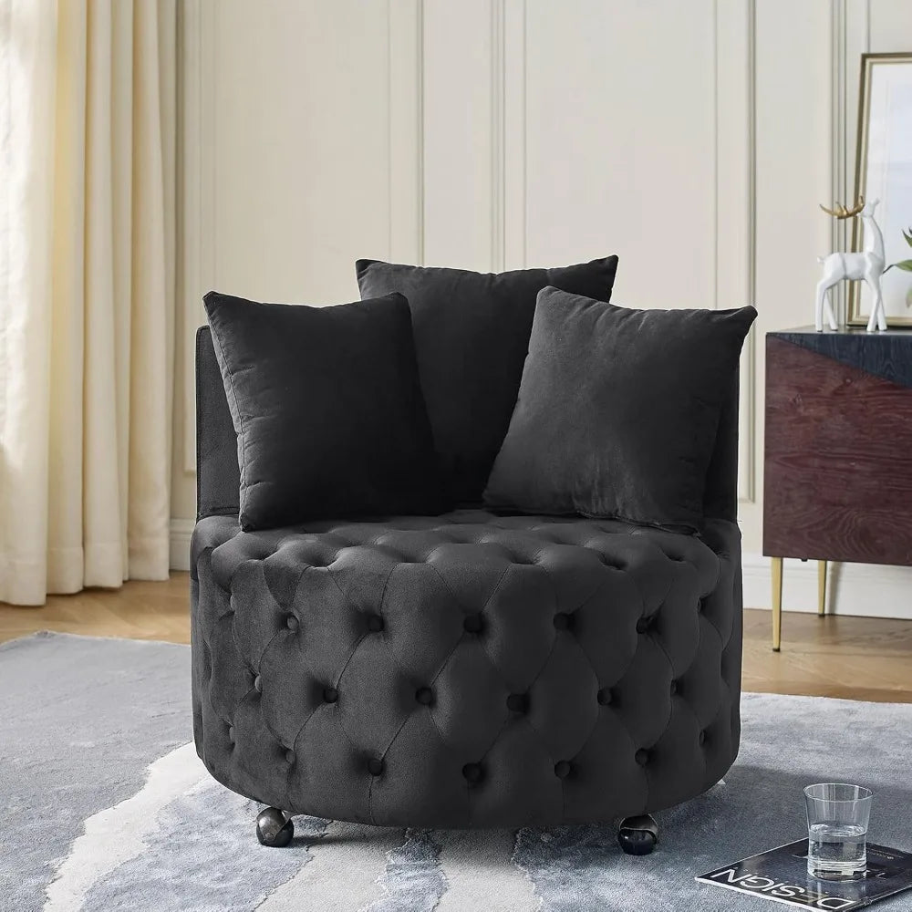 30” Swivel Barrel Chair,  Modern Velvet with 3 Pillows and Wheels