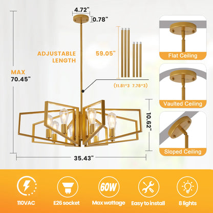 Modern 8-Light Chandelier Adjustable Height Metal/Black Frame