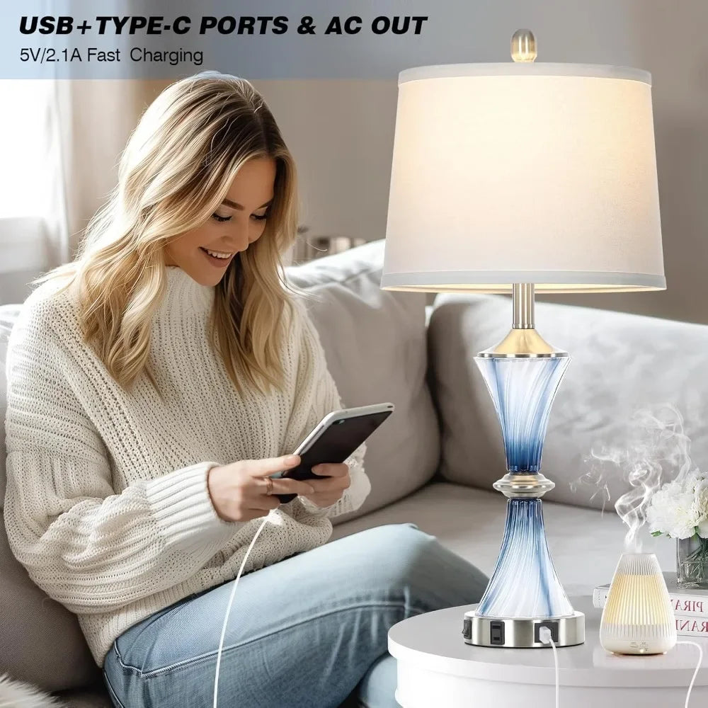 Blue Glass Lamp Set Of 2 With USB C+A Ports