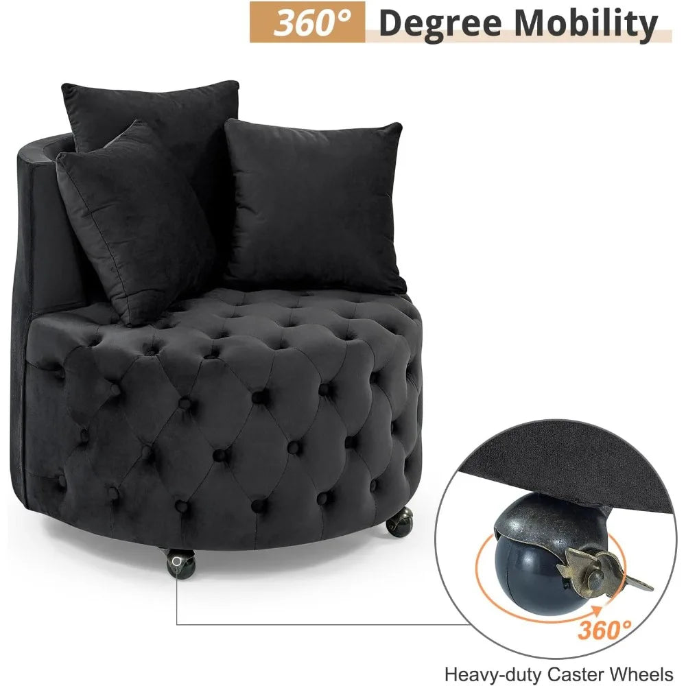 30” Swivel Barrel Chair,  Modern Velvet with 3 Pillows and Wheels