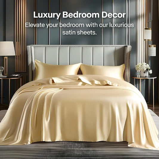 Luxury Satin Bed Sheets, Queen Size, Champagne, Fitted Sheet