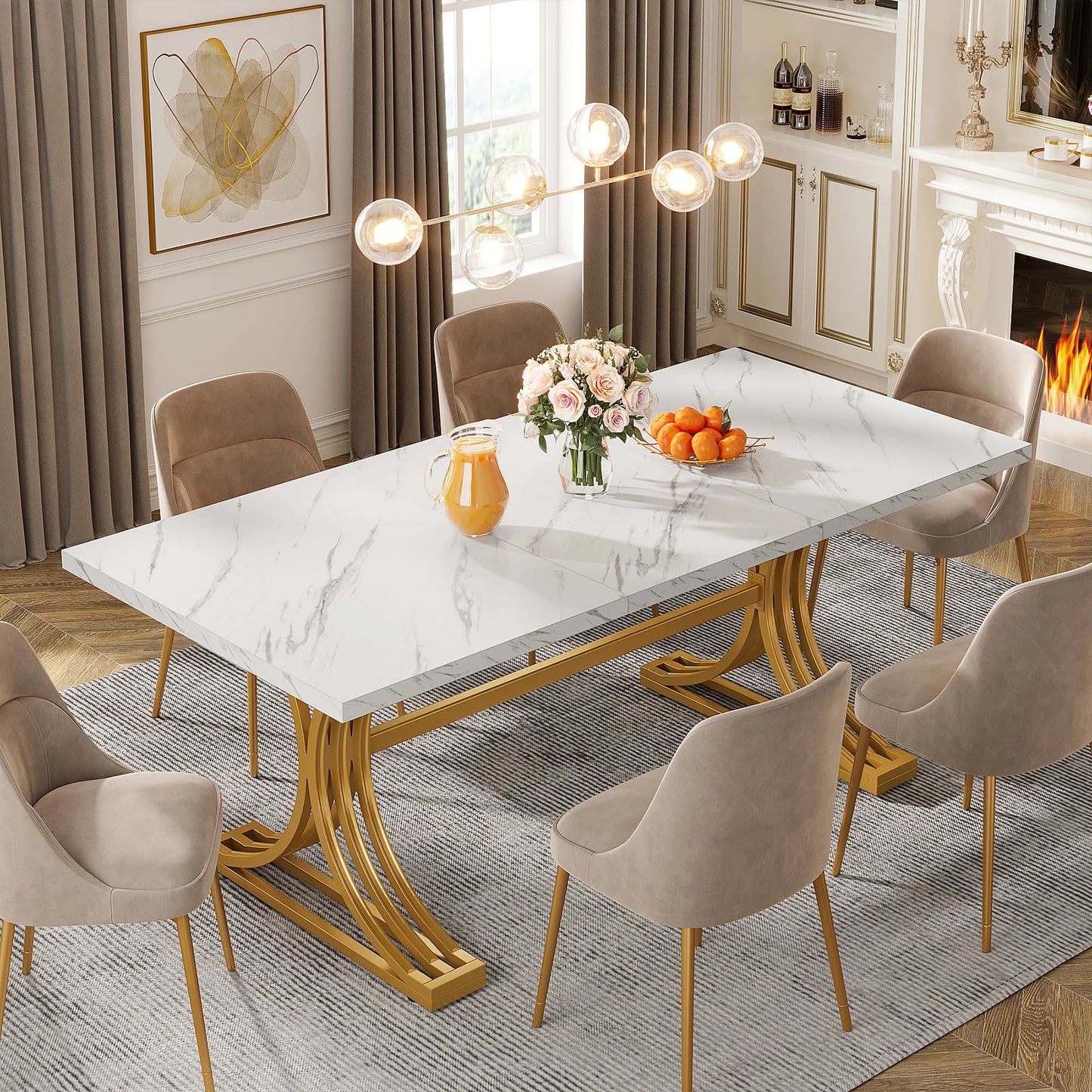 63-Inch Rectangular Dining Table for 4 to 6, Modern Faux Marble Top