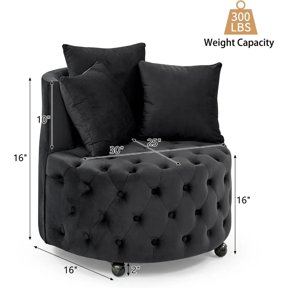 30” Swivel Barrel Chair,  Modern Velvet with 3 Pillows and Wheels