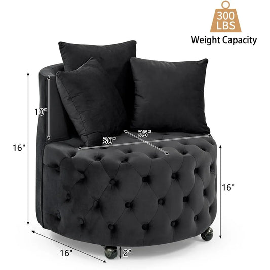 30” Swivel Barrel Chair,  Modern Velvet with 3 Pillows and Wheels