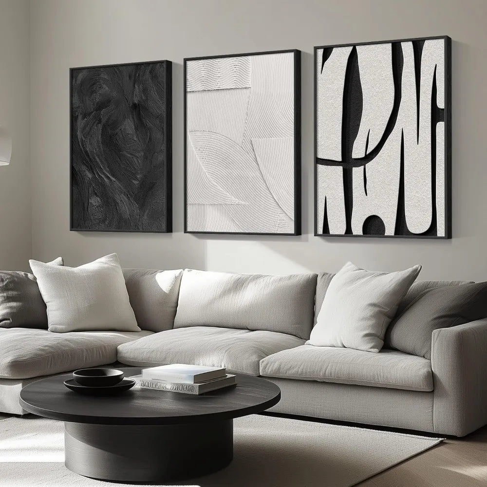Large Framed Black and White Abstract Wall Art, 3 Piece Canvas