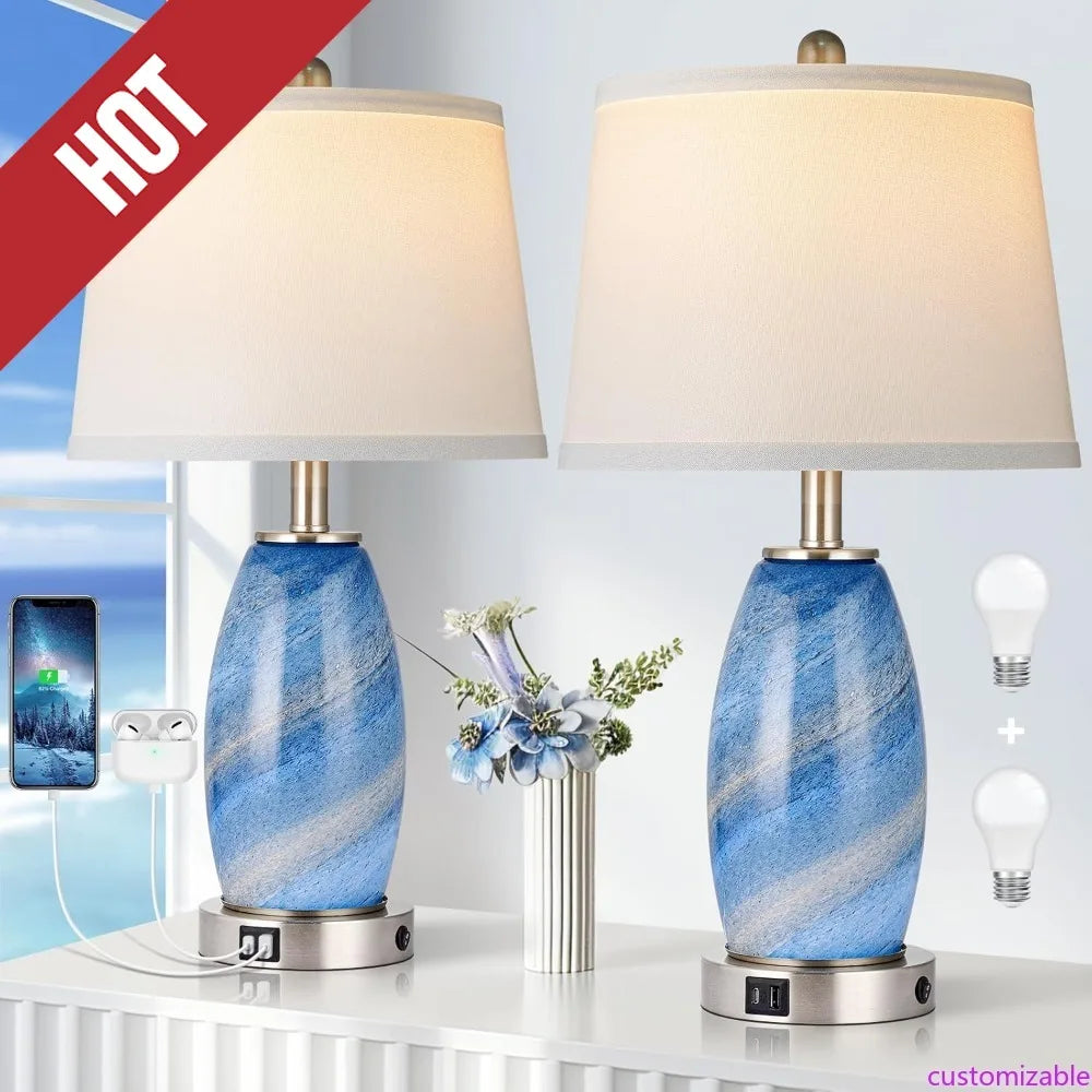 Blue Lamps Set Of 2,  3-Way Lighting Modes & USB port