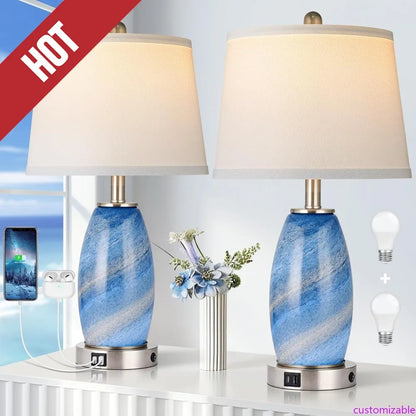 Blue Lamps Set Of 2,  3-Way Lighting Modes & USB port