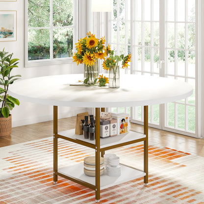 47" Round Dining Table for 4, Wood, Large with Storage Shelf