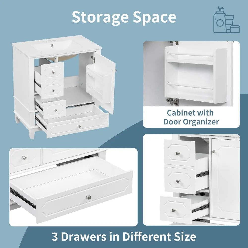 30 Inch Vanity Cabinet and Drawers with Sink, Solid Wood