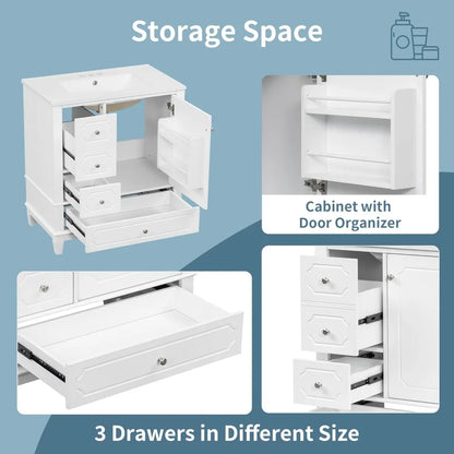 30 Inch Vanity Cabinet and Drawers with Sink, Solid Wood