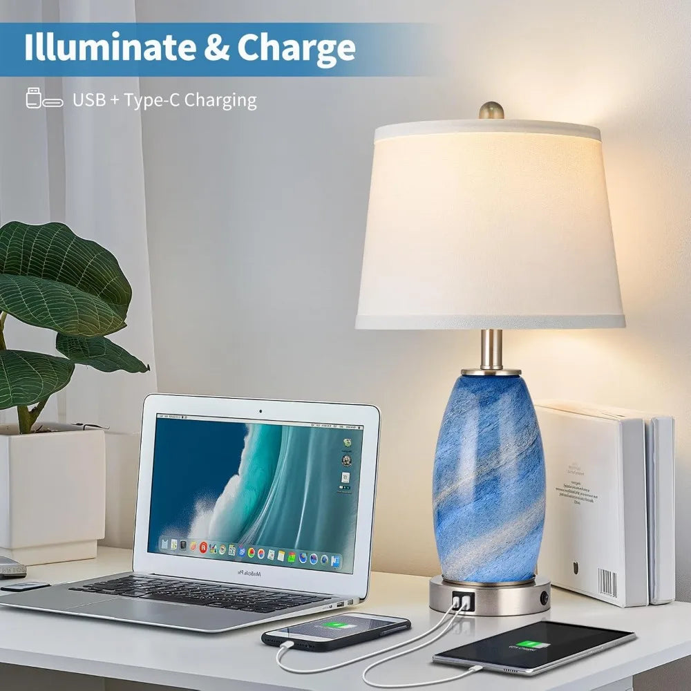 Blue Lamps Set Of 2,  3-Way Lighting Modes & USB port