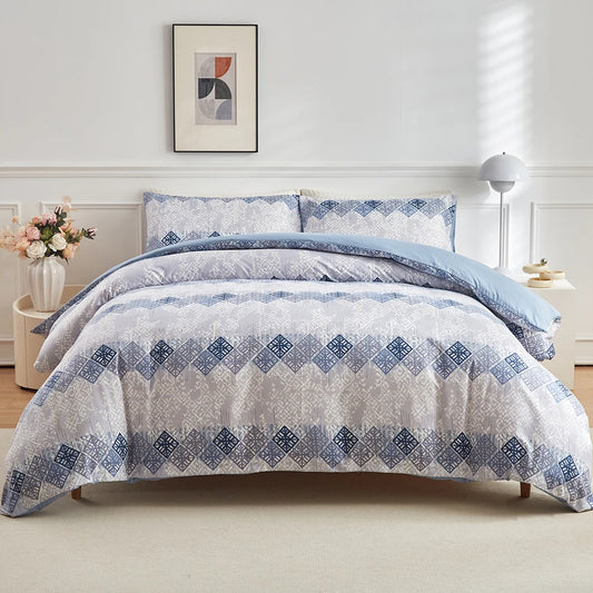 3 Piece Bedding Set, Bohemian Aztec, Blue White Cream, Super Soft