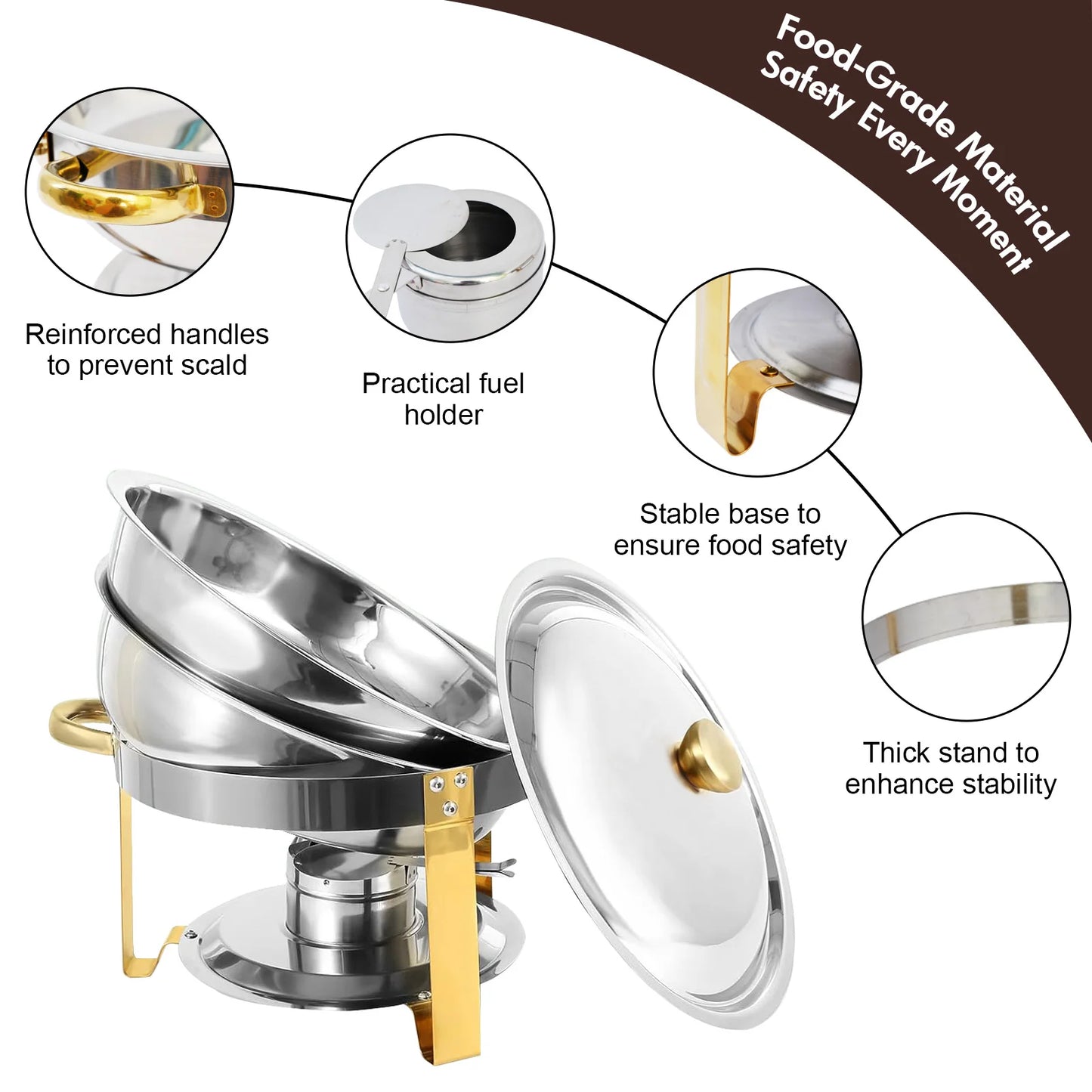 5QT Buffet Warmer, Stainless Steel, Round Half-Gold Plated
