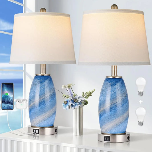 Blue Lamps Set Of 2,  3-Way Lighting Modes & USB port