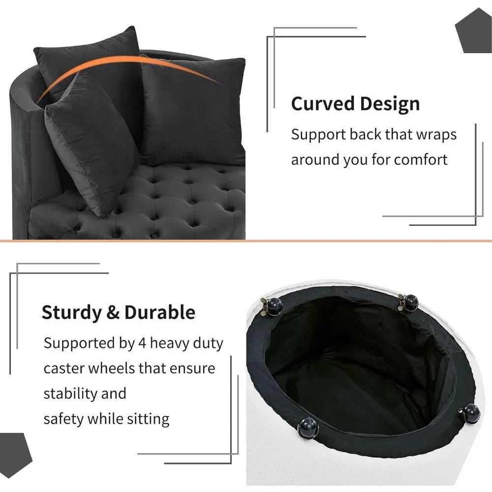 30” Swivel Barrel Chair,  Modern Velvet with 3 Pillows and Wheels