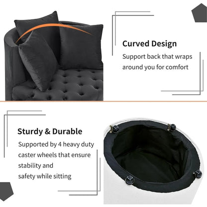 30” Swivel Barrel Chair,  Modern Velvet with 3 Pillows and Wheels