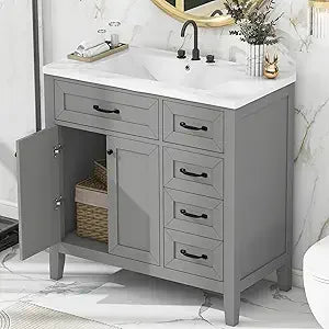 30 Inch Vanity Cabinet and Drawers with Sink, Solid Wood