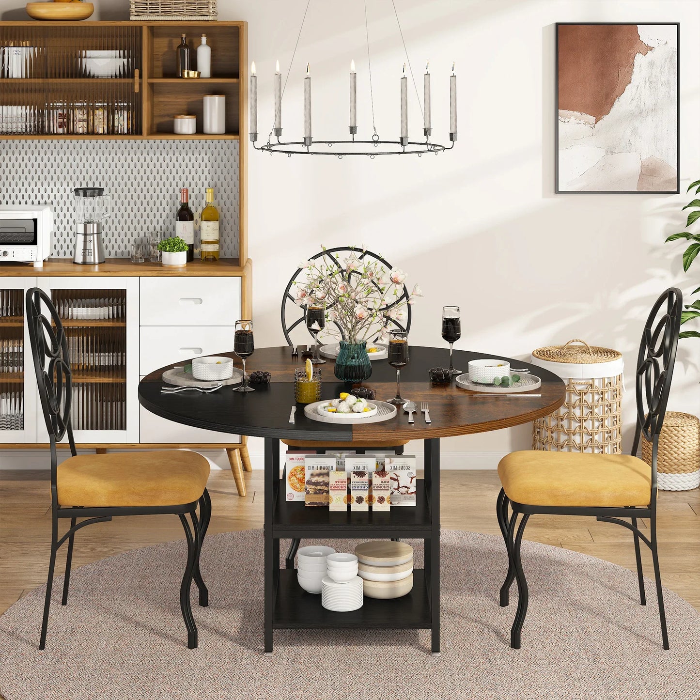 47" Round Dining Table for 4, Wood, Large with Storage Shelf