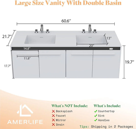 60" LED Floating Double Vanity cabinets with Sink, Wall Mounted